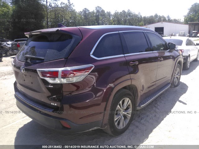 5TDKKRFH1FS096778 - 2015 TOYOTA HIGHLANDER XLE MAROON photo 4