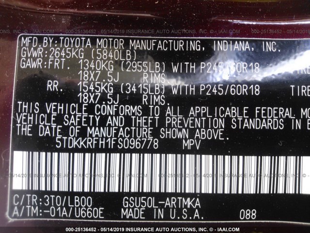 5TDKKRFH1FS096778 - 2015 TOYOTA HIGHLANDER XLE MAROON photo 9