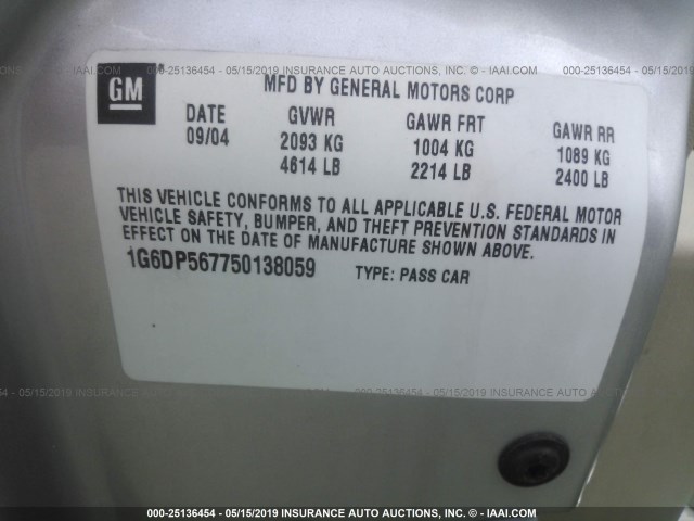 1G6DP567750138059 - 2005 CADILLAC CTS HI FEATURE V6 SILVER photo 9