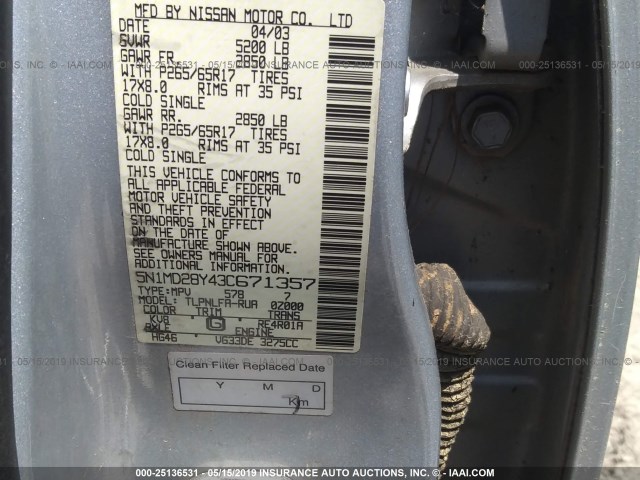 5N1MD28Y43C671357 - 2003 NISSAN XTERRA SE/SC SILVER photo 9