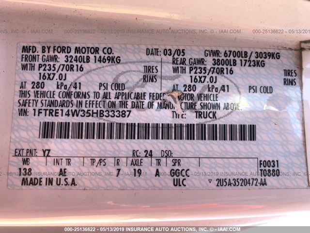 1FTRE14W35HB33387 - 2005 FORD ECONOLINE E150 VAN WHITE photo 9