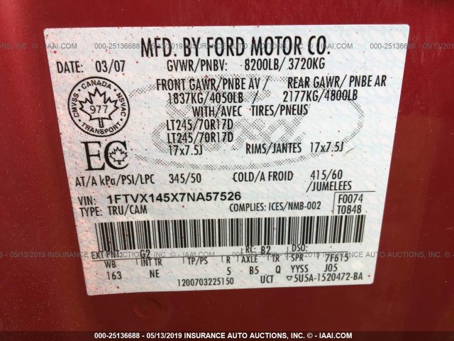 1FTVX145X7NA57526 - 2007 FORD F150 MAROON photo 9