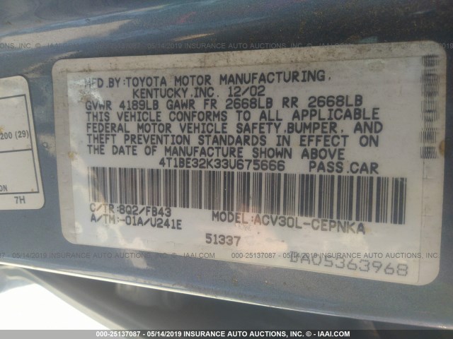 4T1BE32K33U675666 - 2003 TOYOTA CAMRY LE/XLE/SE BLUE photo 9