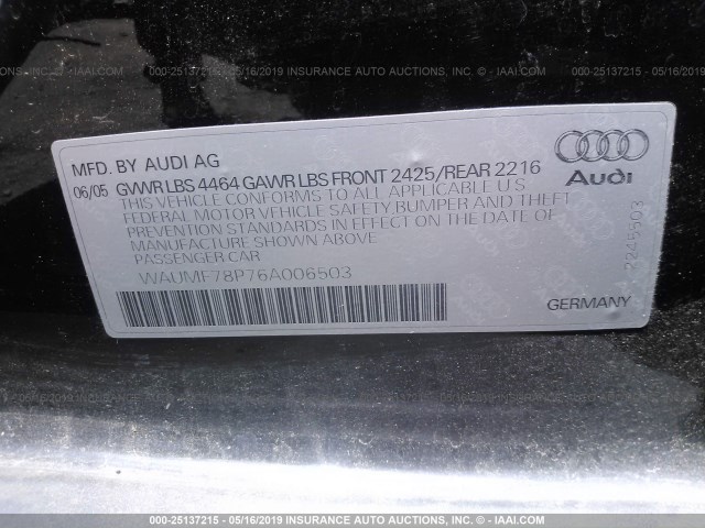 WAUMF78P76A006503 - 2006 AUDI A3 2.0 SPORT BLACK photo 9