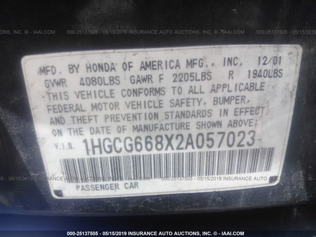 1HGCG668X2A057023 - 2002 HONDA ACCORD EX/SE BLUE photo 9