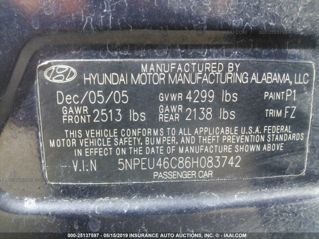 5NPEU46C86H083742 - 2006 HYUNDAI SONATA GLS/LX BLUE photo 9