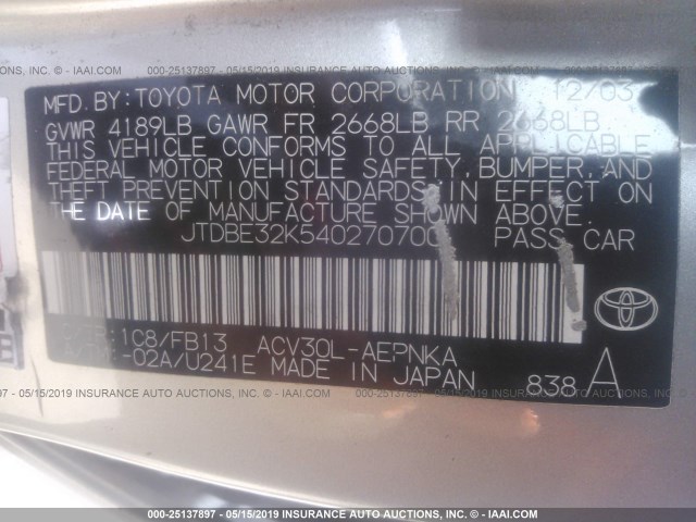 JTDBE32K540270700 - 2004 TOYOTA CAMRY LE/XLE SILVER photo 9