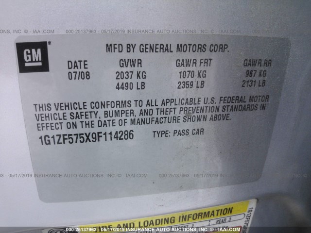 1G1ZF575X9F114286 - 2009 CHEVROLET MALIBU HYBRID SILVER photo 9