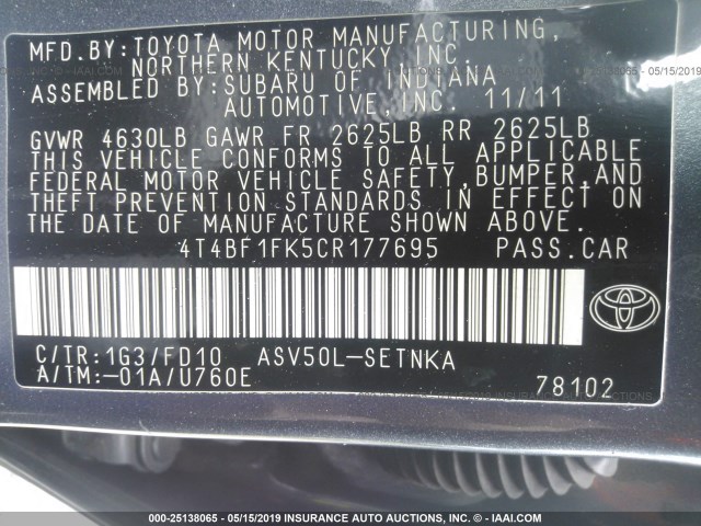 4T4BF1FK5CR177695 - 2012 TOYOTA CAMRY SE/LE/XLE GRAY photo 9