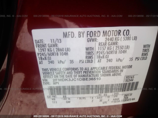 2FMDK3JC1DBE36510 - 2013 FORD EDGE SEL BURGUNDY photo 9