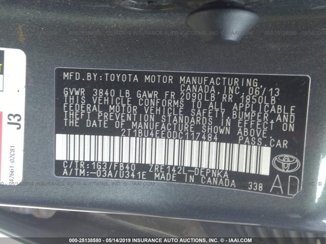 2T1BU4EE0DC117484 - 2013 TOYOTA COROLLA S/LE GRAY photo 9