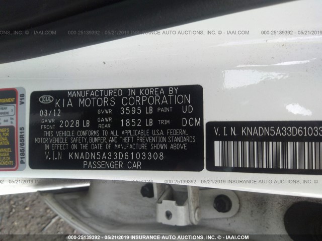 KNADN5A33D6103308 - 2013 KIA RIO EX/SX WHITE photo 9