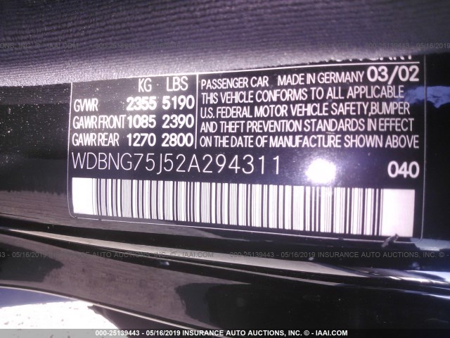 WDBNG75J52A294311 - 2002 MERCEDES-BENZ S 500 BLACK photo 9