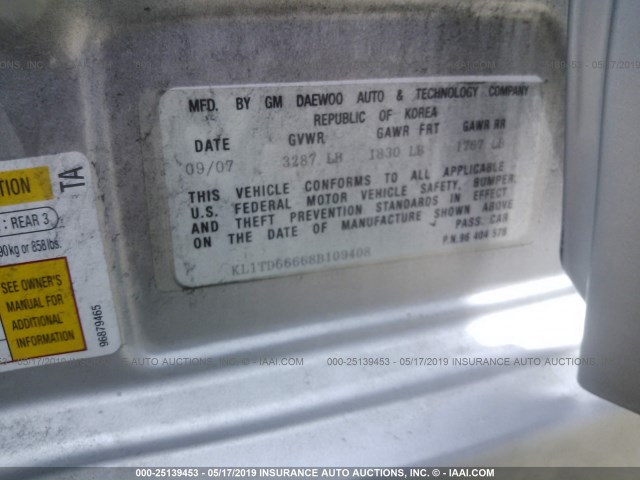 KL1TD66668B109408 - 2008 CHEVROLET AVEO LS SILVER photo 9