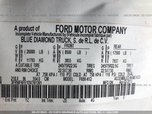 3FRWF6FE1DV761361 - 2013 FORD F650 SUPER DUTY WHITE photo 10