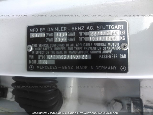 WDBCA25D9KA469522 - 1989 MERCEDES-BENZ 300 SEL WHITE photo 9