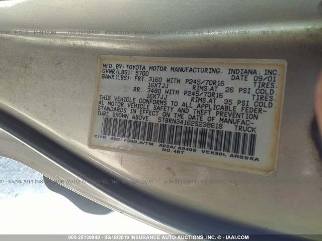 5TBRN34162S238618 - 2002 TOYOTA TUNDRA ACCESS CAB SR5 GOLD photo 9