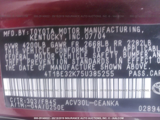 4T1BE32K75U385255 - 2005 TOYOTA CAMRY LE/XLE/SE RED photo 9