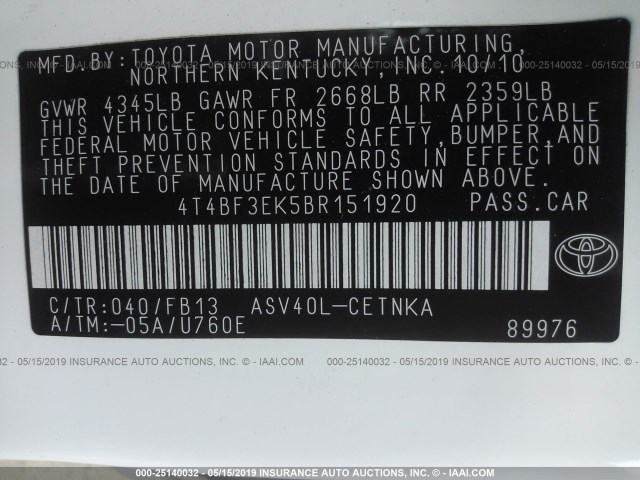 4T4BF3EK5BR151920 - 2011 TOYOTA CAMRY SE/LE/XLE 白色 照片 9