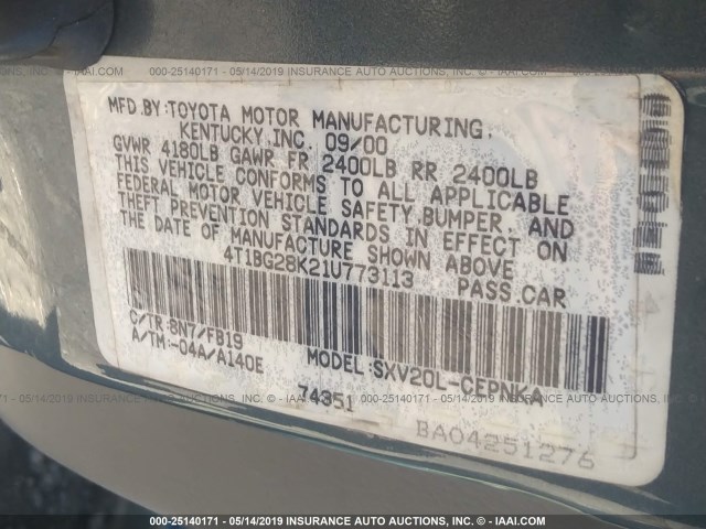 4T1BG28K21U773113 - 2001 TOYOTA CAMRY CE/LE/XLE TEAL photo 9