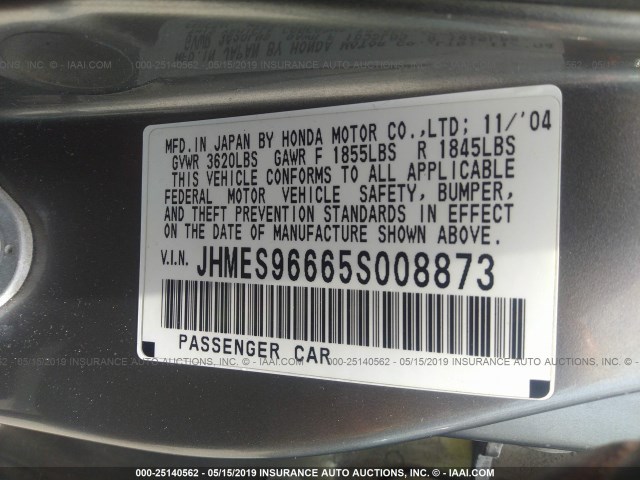 JHMES96665S008873 - 2005 HONDA CIVIC HYBRID GRAY photo 9