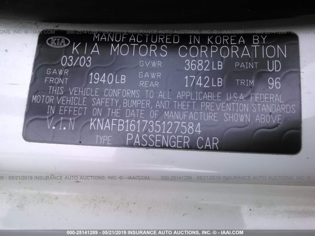 KNAFB161735127584 - 2003 KIA SPECTRA GS/GSX WHITE photo 9