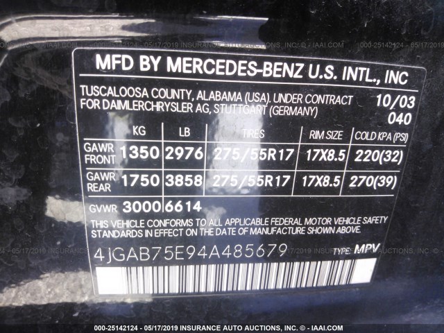 4JGAB75E94A485679 - 2004 MERCEDES-BENZ ML 500 BLACK photo 9