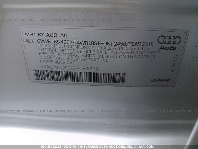 WAUAF78E18A054678 - 2008 AUDI A4 2.0T SILVER photo 9