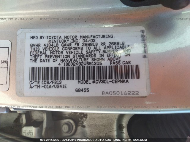 4T1BE32K92U591205 - 2002 TOYOTA CAMRY LE/XLE/SE SILVER photo 9