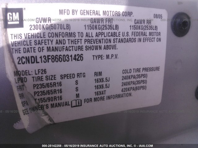 2CNDL13F866031426 - 2006 CHEVROLET EQUINOX LS SILVER photo 9