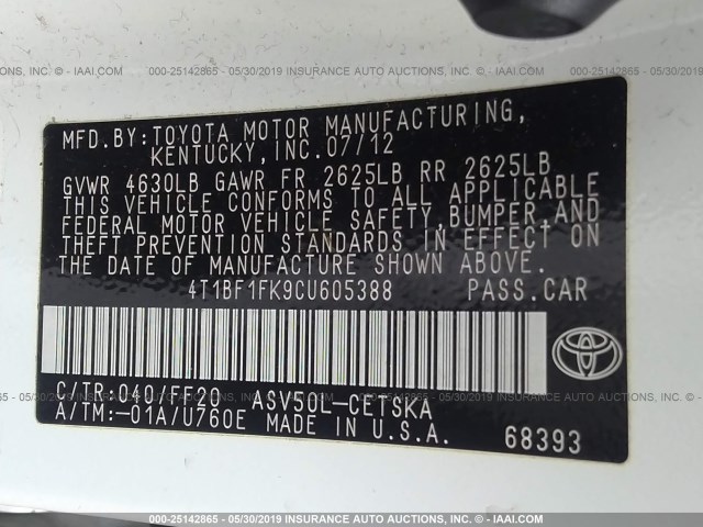 4T1BF1FK9CU605388 - 2012 TOYOTA CAMRY SE/LE/XLE WHITE photo 9