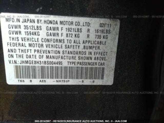 JHMGE8H31BS004495 - 2011 HONDA FIT BLACK photo 9