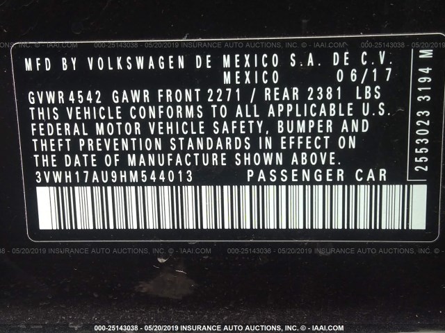 3VWH17AU9HM544013 - 2017 VOLKSWAGEN Golf Alltrack S/SE/SEL BLACK photo 9