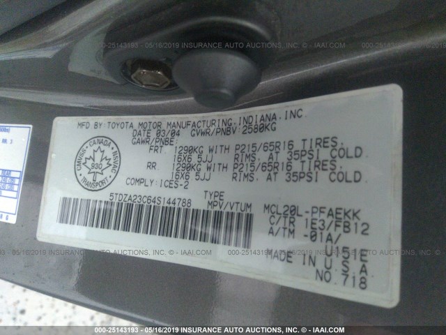 5TDZA23C64S144788 - 2004 TOYOTA SIENNA CE/LE GRAY photo 9