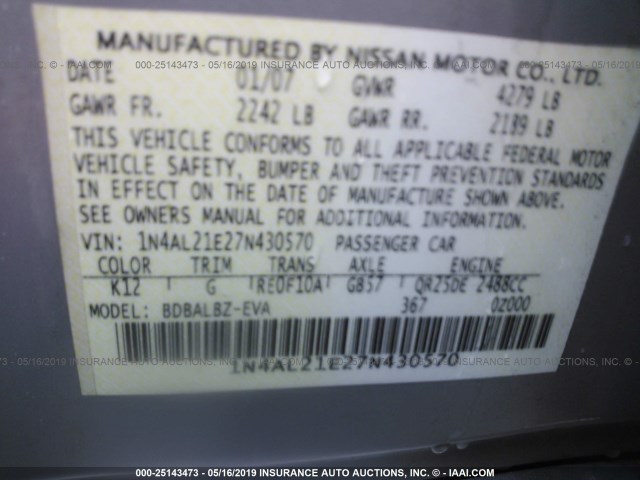 1N4AL21E27N430570 - 2007 NISSAN ALTIMA 2.5/2.5S SILVER photo 9