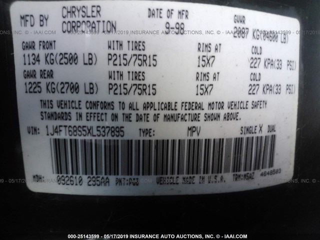 1J4FT68S5XL537895 - 1999 JEEP CHEROKEE SPORT/CLASSIC მწვანე ფოტო 9