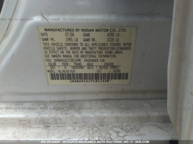 1N4BA41E27C811448 - 2007 NISSAN MAXIMA SE/SL WHITE photo 9