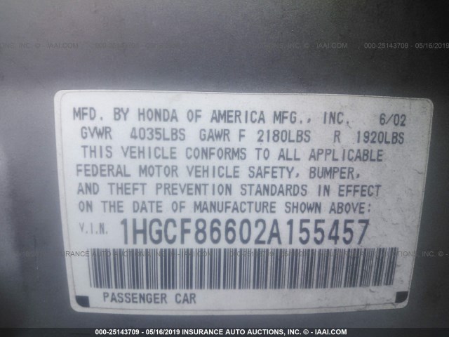 1HGCF86602A155457 - 2002 HONDA ACCORD VALUE SILVER photo 9