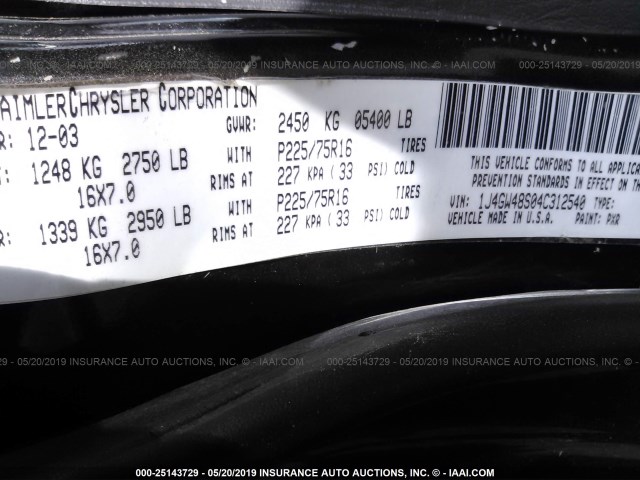 1J4GW48S04C312540 - 2004 JEEP GRAND CHEROKEE LAREDO/COLUMBIA/FREEDOM 黑色 照片 9
