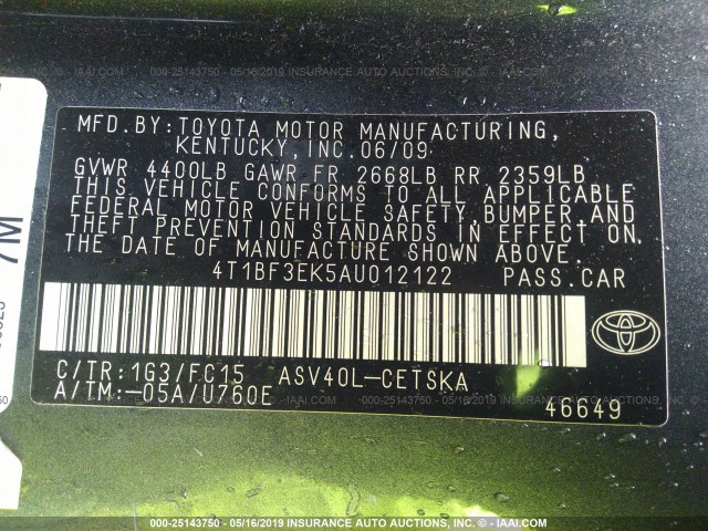 4T1BF3EK5AU012122 - 2010 TOYOTA CAMRY SE/LE/XLE GRAY photo 9