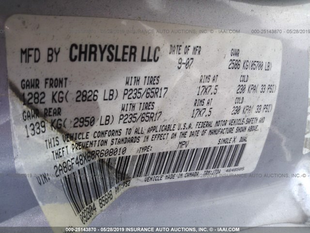 2A8GF48X68R608010 - 2008 CHRYSLER PACIFICA LX SILVER photo 9