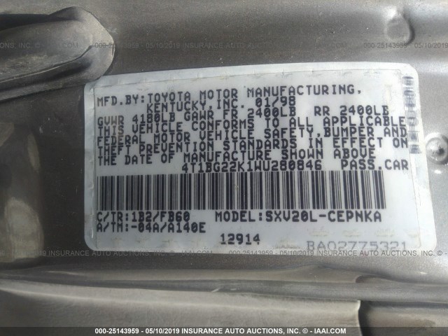 4T1BG22K1WU280846 - 1998 TOYOTA CAMRY CE/LE/XLE 灰色 照片 9