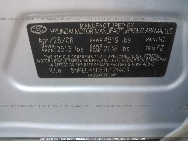 5NPEU46F57H171403 - 2007 HYUNDAI SONATA SE/LIMITED Light Blue photo 9