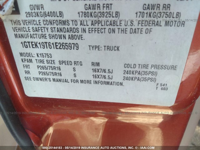 1GTEK19T61E265979 - 2001 GMC NEW SIERRA K1500 ORANGE photo 9