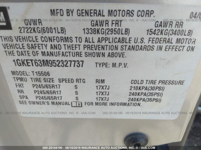 1GKET63M952327737 - 2005 GMC ENVOY DENALI SILVER photo 9