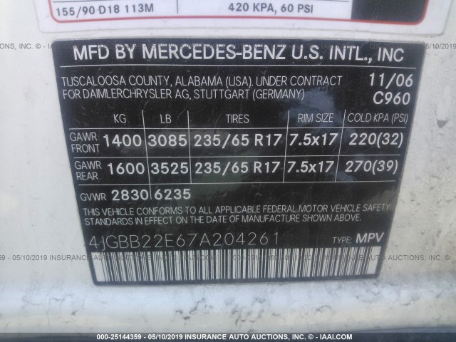 4JGBB22E67A204261 - 2007 MERCEDES-BENZ ML 320 CDI WHITE photo 9