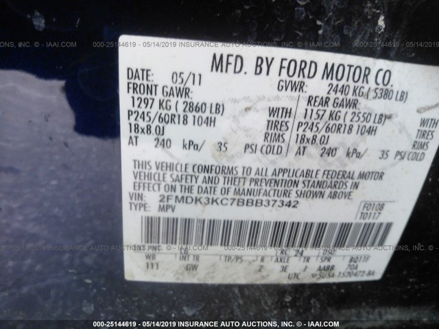 2FMDK3KC7BBB37342 - 2011 FORD EDGE BLUE photo 9