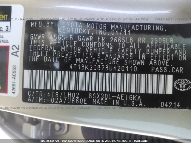 4T1BK3DB2BU420110 - 2011 TOYOTA AVALON LIMITED GOLD photo 9