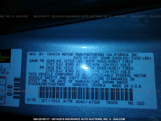 5TEUU42N07Z407980 - 2007 TOYOTA TACOMA ACCESS CAB ვერცხლისფერი ფოტო 9