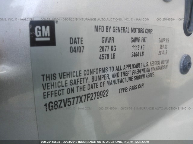 1G8ZV577X7F279922 - 2007 SATURN AURA XR SILVER photo 9